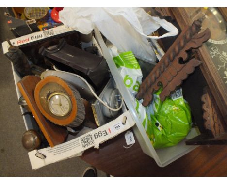 TWO TRAYS OF ASSORTED CLOCKS AND CLOCK PARTS ETC