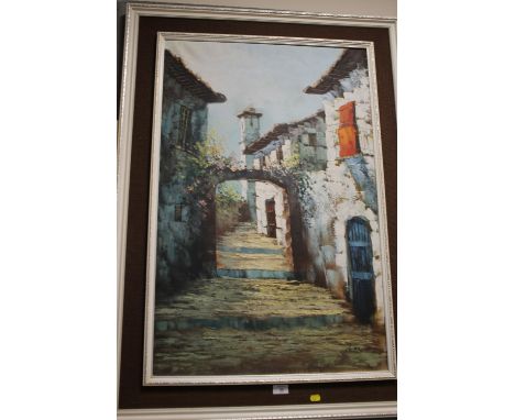 A LARGE FRAMED OIL ON CANVAS DEPICTING A CONTINENTAL STEPPED PATHWAY SIGNED LUCAS  