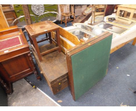 A VINTAGE TIN TRUNK TWO CARD TABLES BRASS FENDER AND A COMMODE (4)