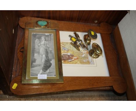 ARTS AND CRAFTS BRASS FRAMED PRINT TOGETHER WITH ANOTHER ETC