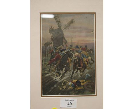 A FRAMED AND GLAZED OVER PAINTED PRINT DEPICTING A CAVALRY BATTLE SCENE 