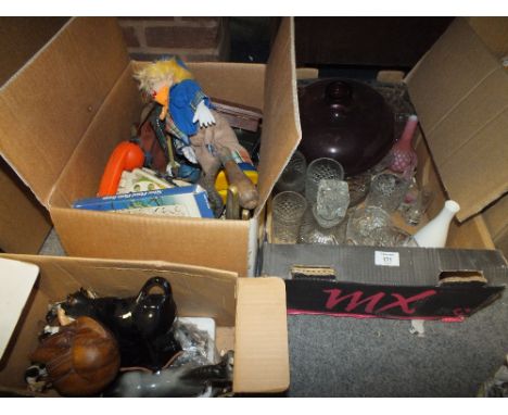A BOX OF GLASSWARE, BOX OF SUNDRIES AND A BOX OF CERAMIC FIGURES ETC. (3) 