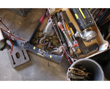 TWO TRAYS OF TOOLS ETC TO INCLUDE WRENCHES, PULLEY PLUS A PILLAR DRILL, BOOM GOOSENECK ETC