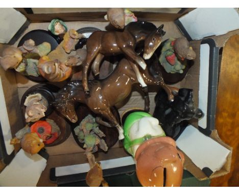 A BOX OF CERAMIC FIGURES ETC. TO INCLUDE AYNSLEY MASTERCRAFT, BESWICK ETC. (SOME A/F)