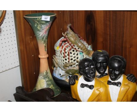 AN UNUSUAL CRAB TRAP BASKET CERAMIC ORNAMENT TOGETHER WITH A CERAMIC TRIO OF SINGERS PLUS A VASE
