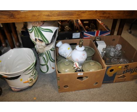 A LARGE CERAMIC JARDINIERE TOGETHER WITH A TRAY OF STONEWARE, LIDDED JARS, PAIR OF DENBY LAMPS PLUS A TRAY OF GLASSWARE