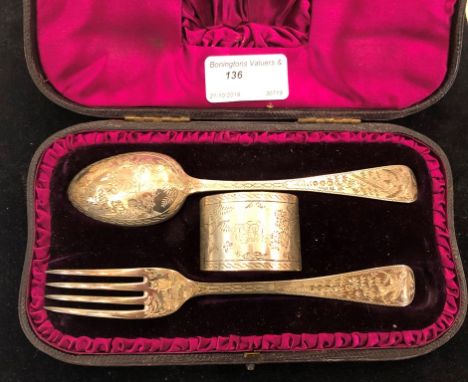 A HM silver bright cut spoon, fork and napkin ring