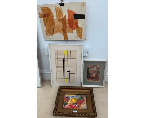 Four works of abstract subjects to include a  mid-20th century abstract print in the manner of Piet Mondrian, indistinctly ha