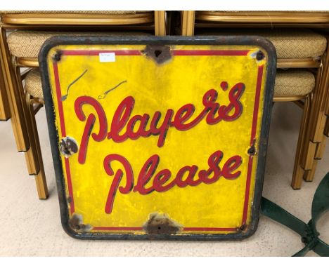 An enamel sign: 'Players Please' on a cast-iron stand