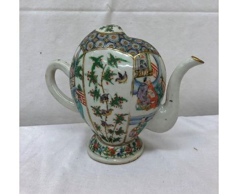 An Chinese 18th/19th century famille verte cadogan teapot, the sides depicting figural scenes with trellis &amp; bird designs