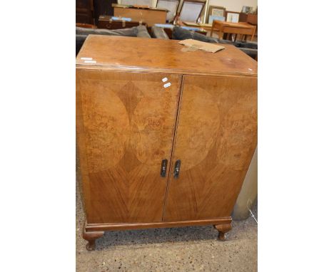 20th Century walnut veneered two door linen press cabinet with four internal drawers, 77cm wide