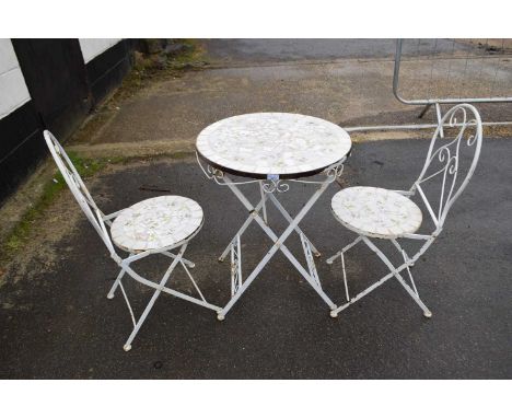 Metal framed and tile topped table and two chairs (3)