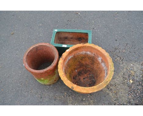 Mixed Lot: Two terracotta plant pots and a further green glazed planter (3)