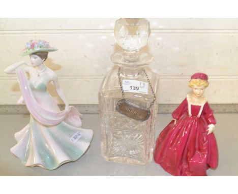 Coalport Summer Days figurine together with a Royal Worcester Grandmother's Dress figurine and spirit decanter