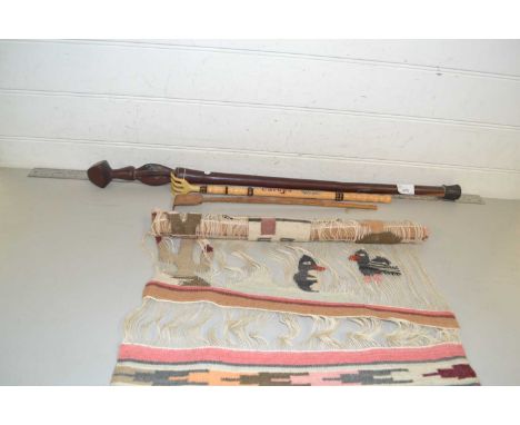 Mixed Lot: Hardwood walking stick, back scratchers and loom weaving sample