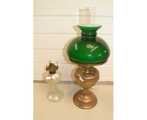 Brass based oil lamp with green glass shade plus one other (2)