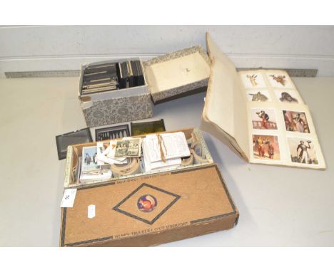 Mixed Lot: Magic lantern slides, albums various cigarette cards, box of various loose cigarette cards etc