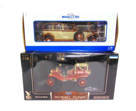 TWO 1/18 SCALE DIECAST MODEL VEHICLES comprising a Road Signature 1914 Ford Model T Fire Engine, and a Model Car Group Merced