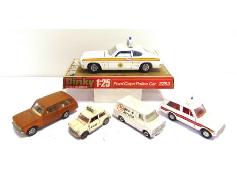 FIVE DINKY DIECAST MODEL VEHICLES comprising a 1/25 scale No.2253, Ford Capri Police Car, generally good condition, with orig