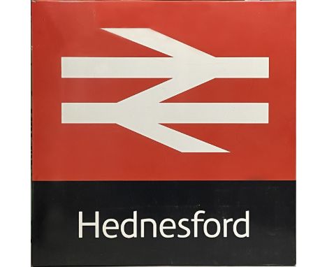 British Rail enamel STATION SIGN with double-arrow logo from Hednesford station on the former LNWR Chase Line from Birmingham