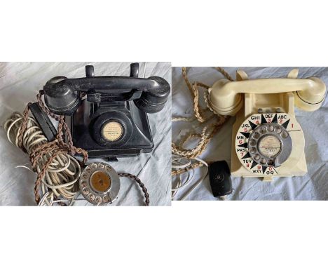 Pair of GPO TELEPHONES, both 1930s-50s era: firstly, a black Bakelite model 1/232 CB which features a blanking plate on the f