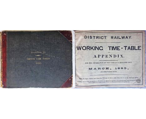 Official bound volume of District Railway SERVICE TIMETABLES for 1885. Contains the working timetable issues from March to No