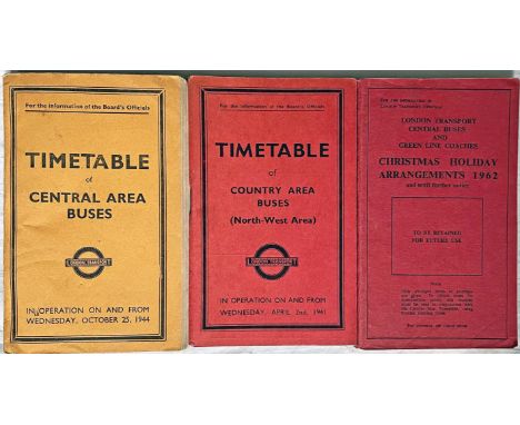 Trio of London Transport officials' TIMETABLE BOOKLETS, two from WW2. The first is for Central Area Buses dated October 25, 1