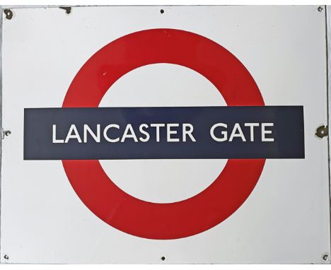 1950s/60s London Underground enamel PLATFORM BULLSEYE SIGN from Lancaster Gate on the Central Line. Measures 28" x 22" (71cm 