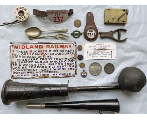 Box of assorted railway & bus etc HARDWARE (19 items) incl Midland Railway Fire Buckets enamel sign, London Transport bell pu