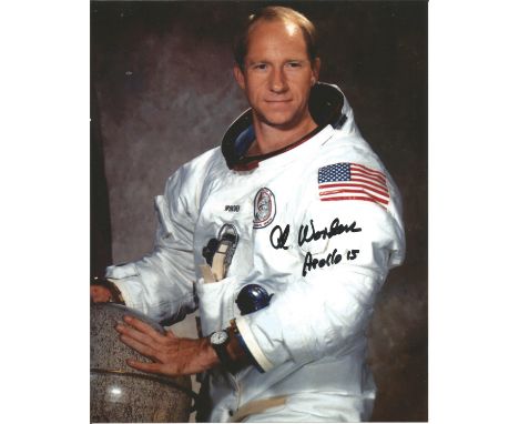 Apollo 15 LMP pilot Al Worden signed 10 x 8 inch NASA Astronaut White Space Suit portrait photo, inscribed Apollo15. Good con