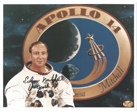 Apollo 14 Moonwalker Dr Ed Mitchell signed 10 x 8 inch NASA Astronaut White Space Suit portrait photo, inscribes Apollo 14. G