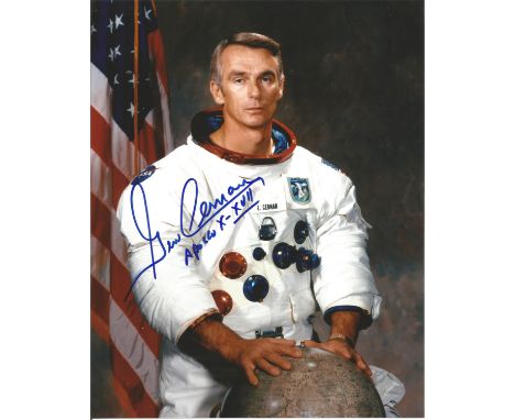 Apollo 17 Moonwalker Gene Cernan signed 10 x 8 inch NASA Astronaut White Space Suit portrait photo. Good condition. All autog