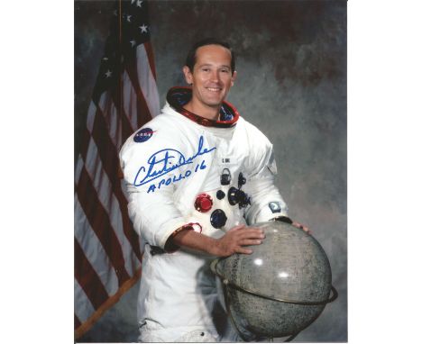 Apollo 16 Moonwalker Charlie Duke signed 10 x 8 inch NASA Astronaut White Space Suit portrait photo. Good condition. All auto