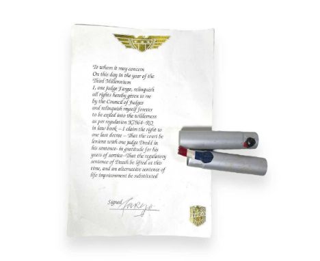 A likely screen used prop from Judge Dredd (1995) - a printed page with speech as given by Judge Fargo (Max Von Sydow) with g