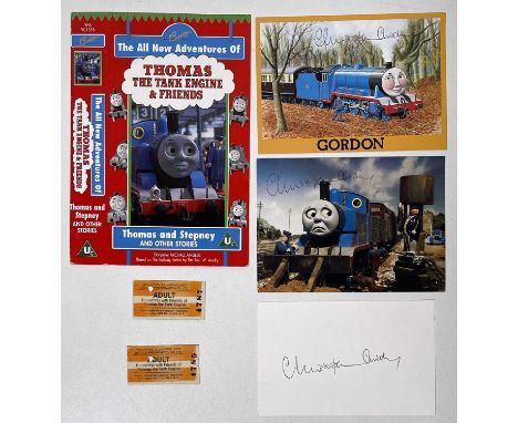A collection of Thomas the Tank Engine items to include three signed postcards and two signed Welshpool &amp; Llanfair Light 