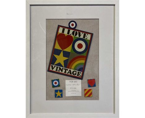 A mounted and framed display to include: limited edition Peter Blake 80th birthday enamel badge, a 'Pop Art' card signed by P