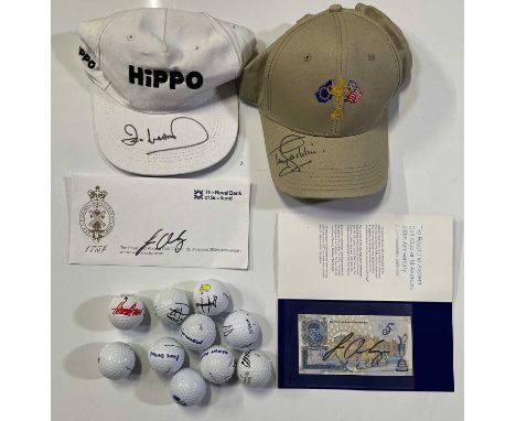 Golf memorabilia: a banknote and envelope signed by Louis Oosthuizen, a cap signed by Tony Jacklin, a cap signed by Tom Watso