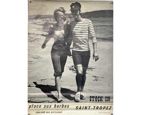 An original vintage French commercial / advertising poster with an image of a couple in Saint Tropez. Photo by Ghislaine Duss