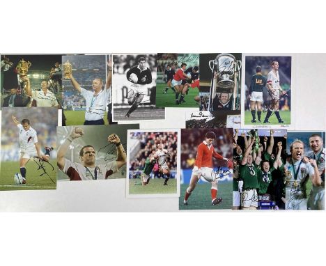 13 glossy high quality photo prints, mostly 8 x 12", to include signatures from:Clive Woodward, Johnny Wilkinson, Martin John