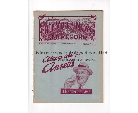 TED DRAKE 7 GOALS / ASTON VILLA V ARSENAL 1935     Programme for the League match at Villa 14/12/1935 in which a top flight g