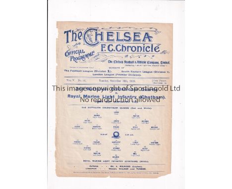 NEUTRAL AT CHELSEA 1909     Single sheet programme for the Army Cup tie 2nd Battalion Coldstream Guards v Royal Marine Light 