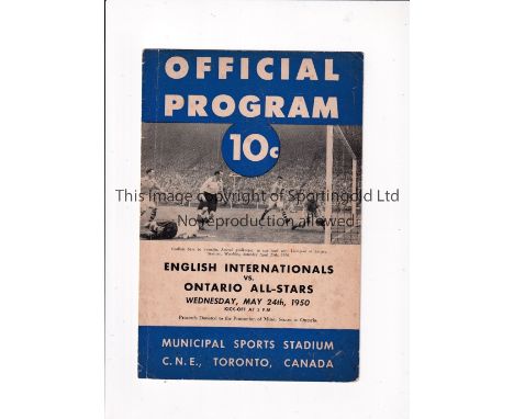 ENGLAND 1950          Ontario All-Stars v England (English Internationals) played 24/5/1950 at Municipal Sports Stadium, Toro