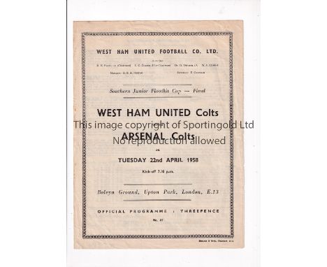 WEST HAM UNITED V ARSENAL 1958      Programme for the SJFC Final at West Ham 22/4/1958.    Generally good