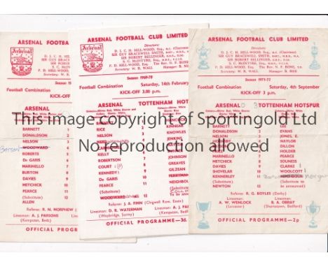 ARSENAL V TOTTENHAM HOTSPUR    Four single card programmes for Combination matches Arsenal 67/8 creased, 69/70 team changes, 