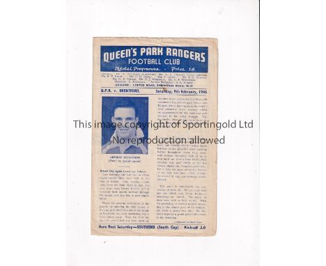 1945/6 FA CUP / QPR V BRENTFORD      Programme for the tie at Rangers 9/2/1946, slightly creased and very slightly worn.    F