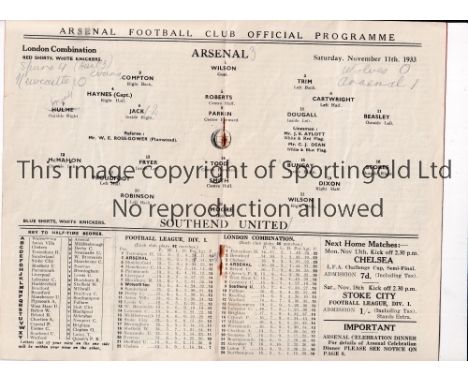 ARSENAL      Programme for the home London Combination match v Southend United 11/11/1933 very slightly creased.    Generally