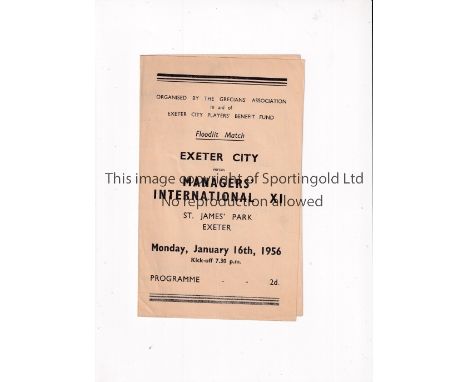EXETER CITY      Programme for the home Friendly v Managers' International XI 16/1/1956 including Swindin, Barnes, Mercer and