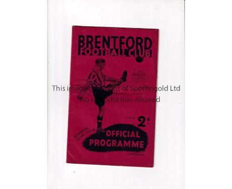 ARSENAL   Programme for the away League match v Brentford 8/9/1938, page 15/16 missing.      Fair
