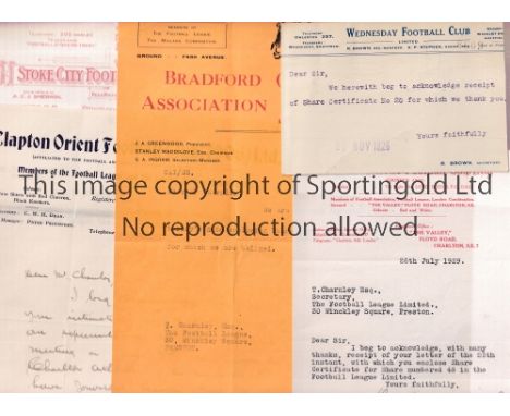 FOOTBALL CORRESPONDENCE 1920's     Six items including 5 official letterheads from Clapton Orient, Bradford Park Avenue, Stok