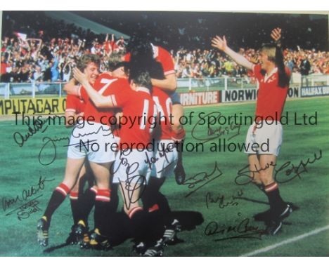 MANCHESTER UNITED        Autographed 16 x 12 col photo of players converging on Jimmy Greenhoff who had just scored the winni